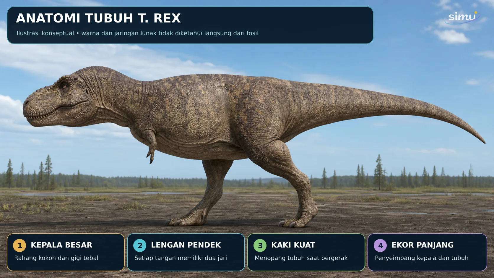 Ilustrasi anatomi tubuh Tyrannosaurus rex dengan kepala besar, lengan pendek dua jari, kaki belakang kuat, dan ekor panjang.