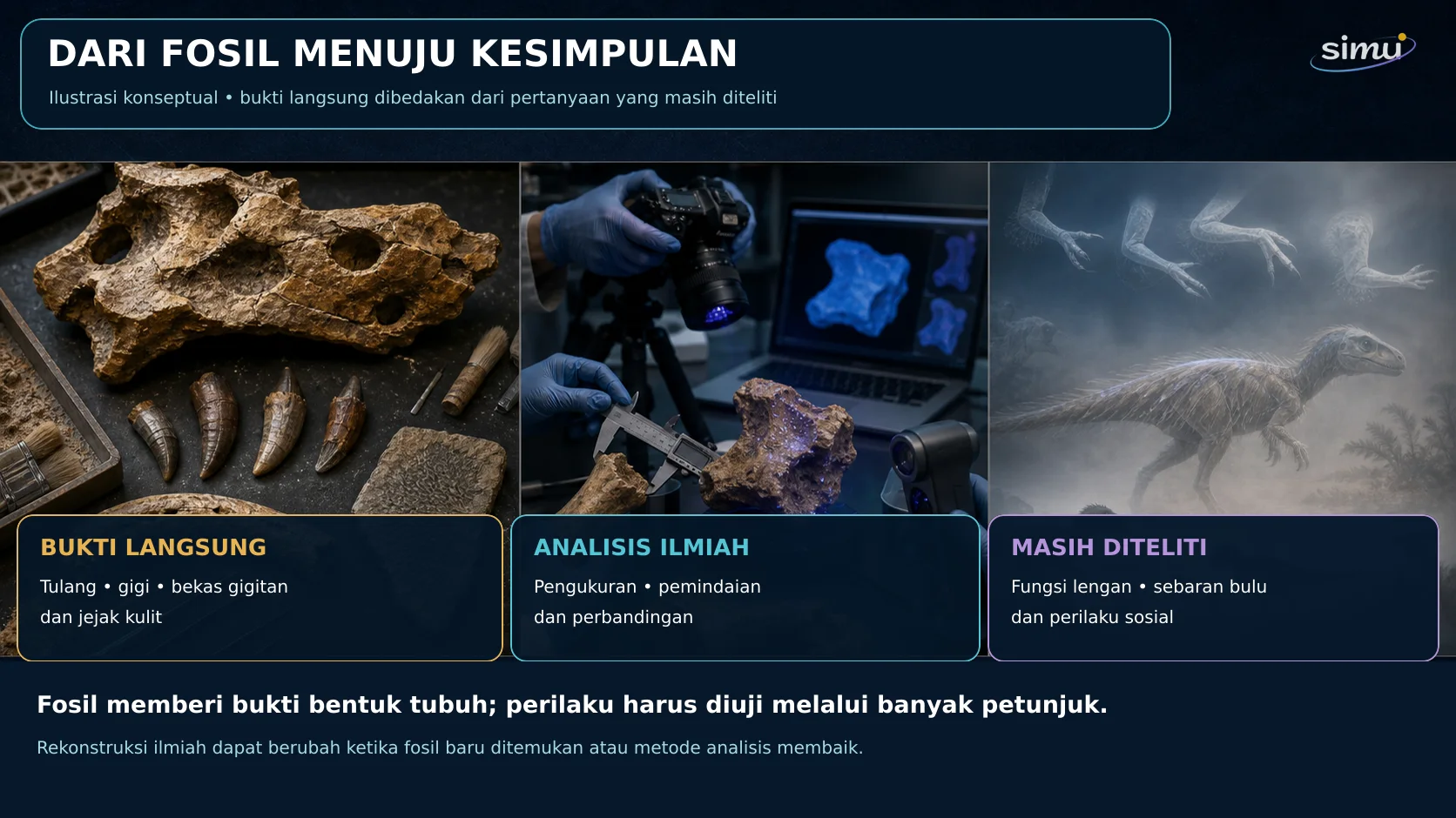 Infografik konseptual yang membedakan bukti fosil, analisis ilmiah, dan pertanyaan terbuka mengenai T. rex.