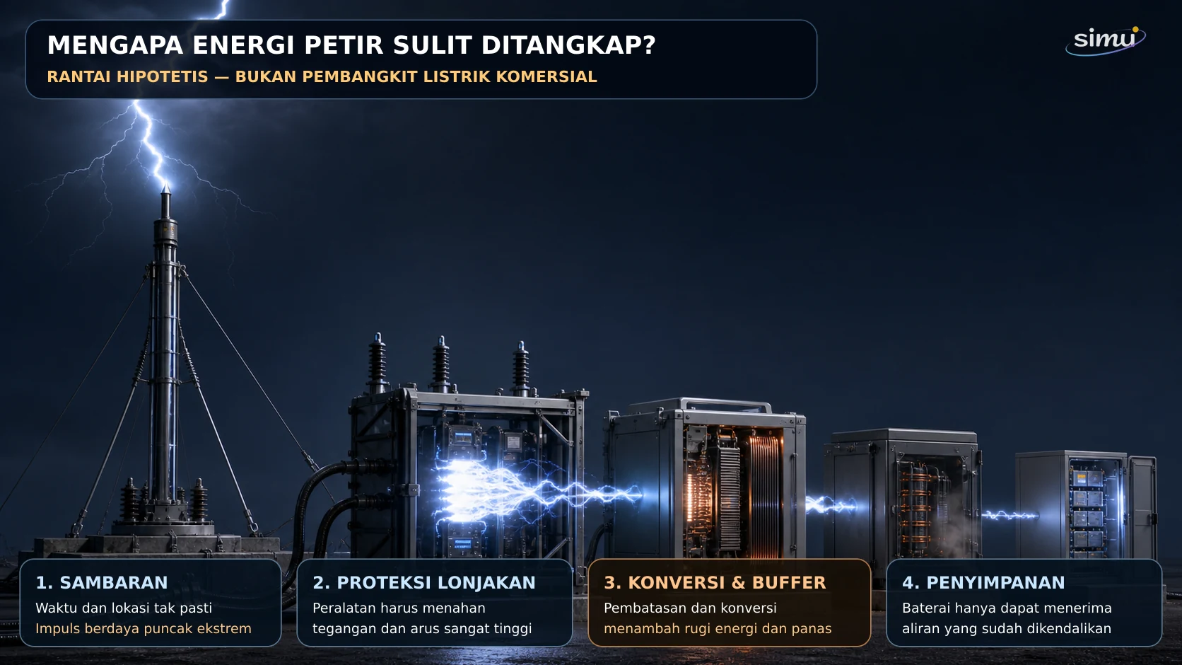 Ilustrasi konseptual hambatan penangkapan energi petir dari sambaran, proteksi lonjakan, konversi, hingga penyimpanan.
