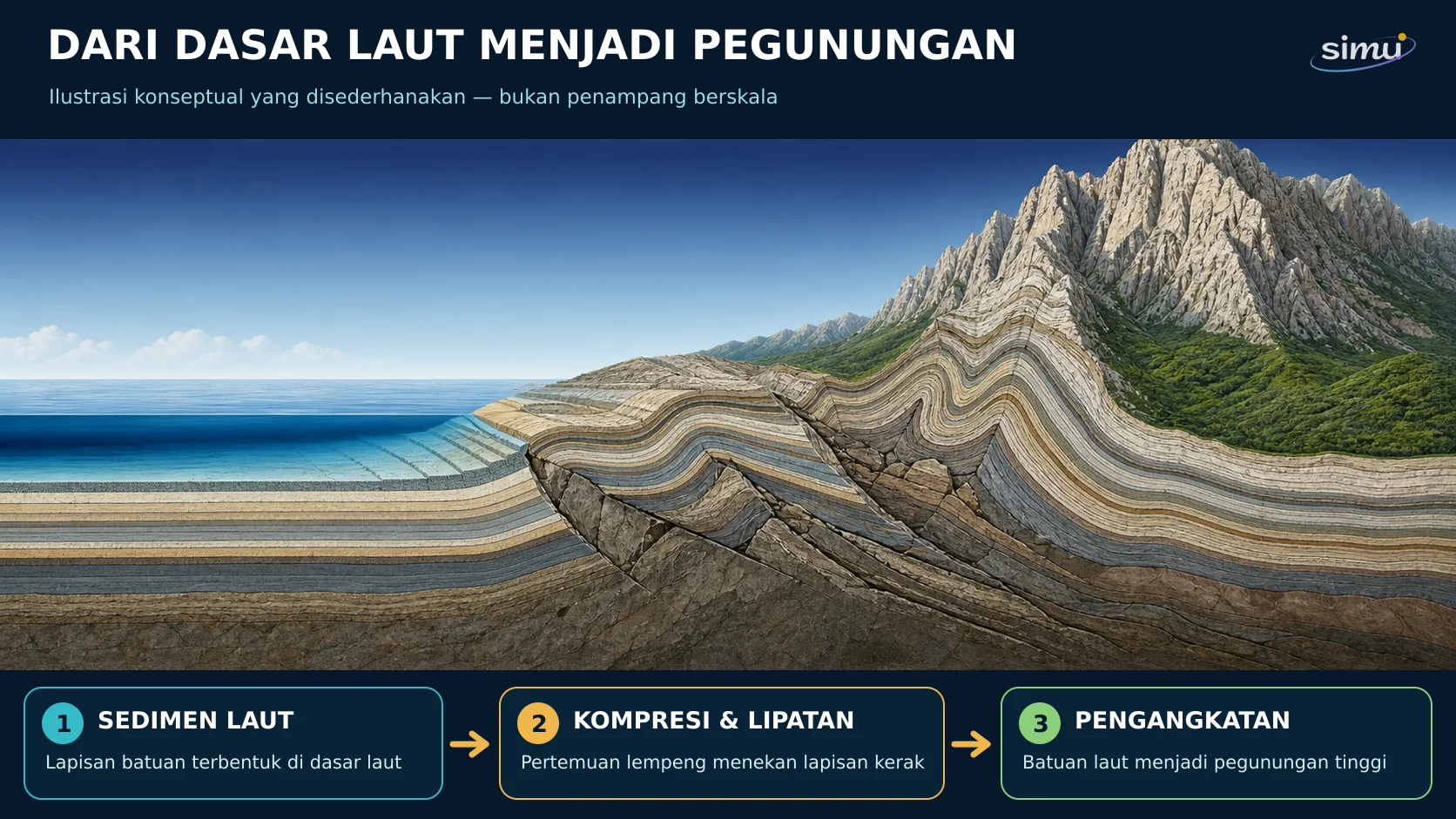 Diagram konseptual pembentukan pegunungan dari sedimen laut melalui kompresi, lipatan, dan pengangkatan kerak.