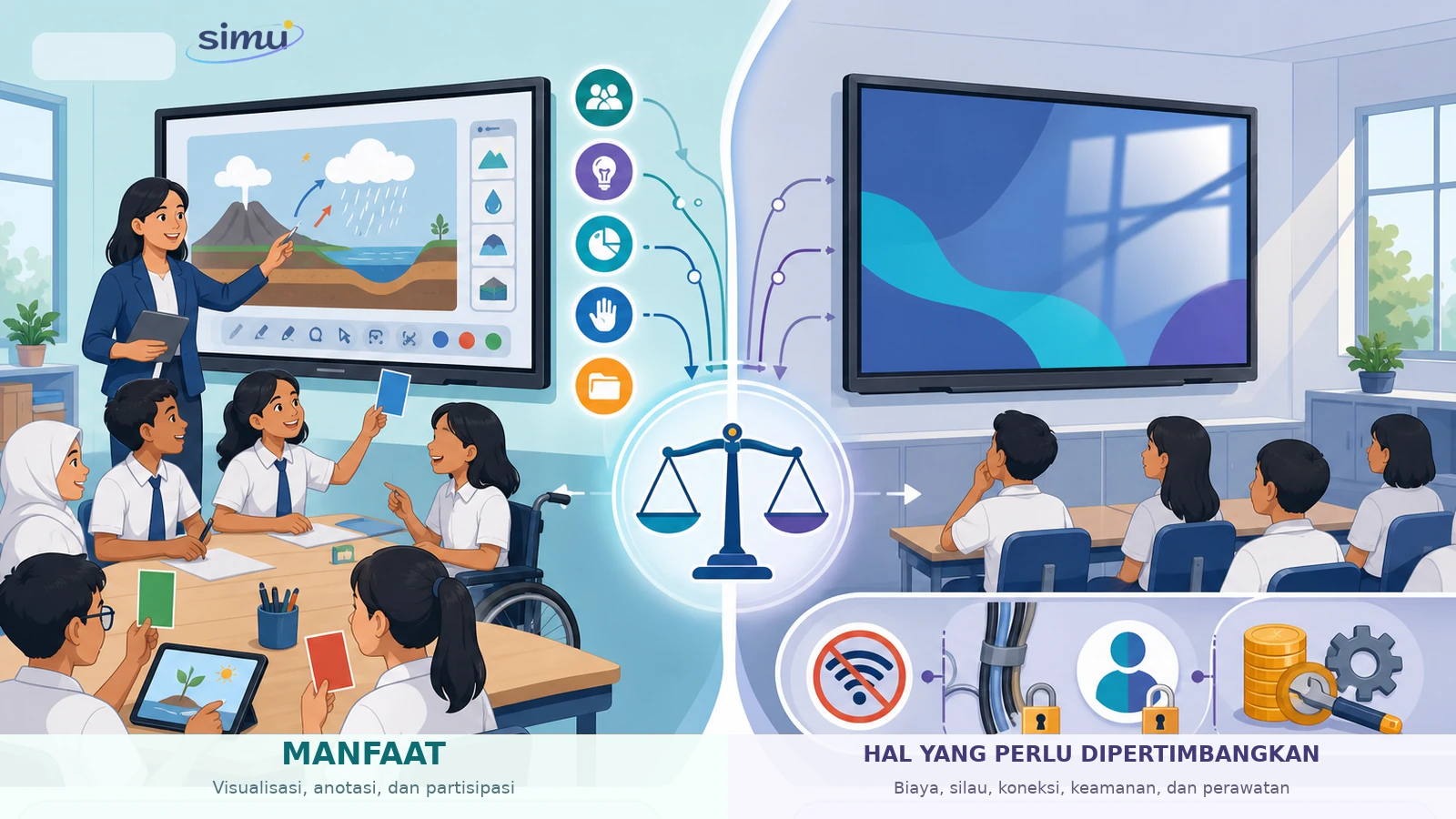 Ilustrasi seimbang tentang manfaat IFP dan faktor biaya, silau, koneksi, keamanan, serta perawatan