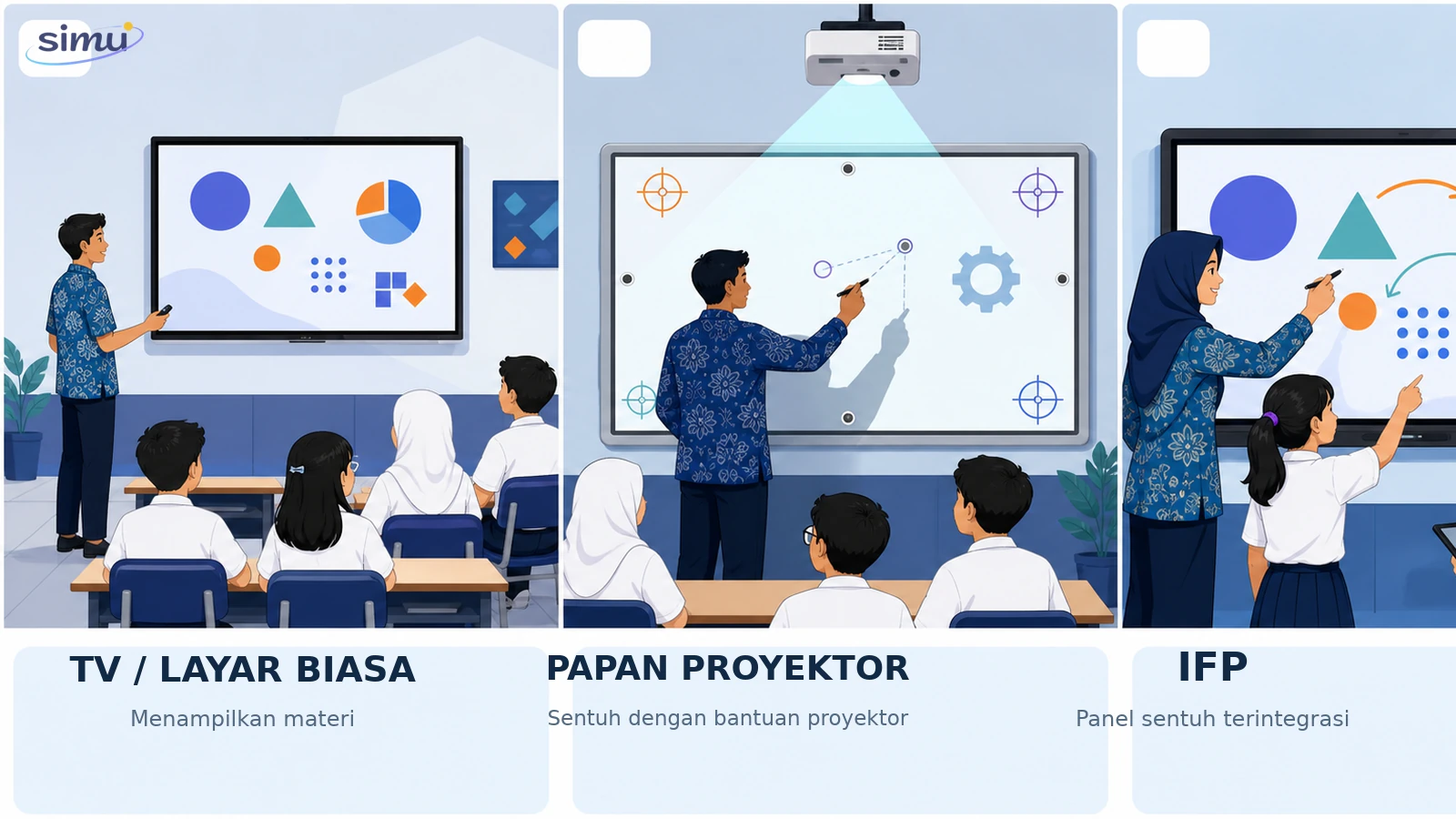 Ilustrasi perbandingan televisi atau layar biasa, papan interaktif berbasis proyektor, dan IFP