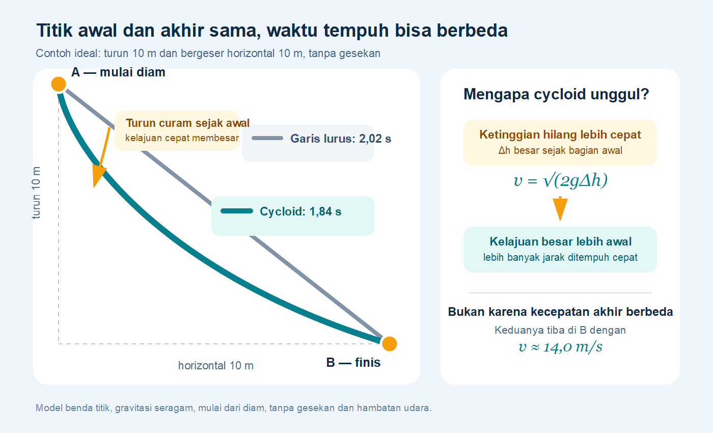 Perbandingan garis lurus dan cycloid untuk titik awal dan akhir yang sama