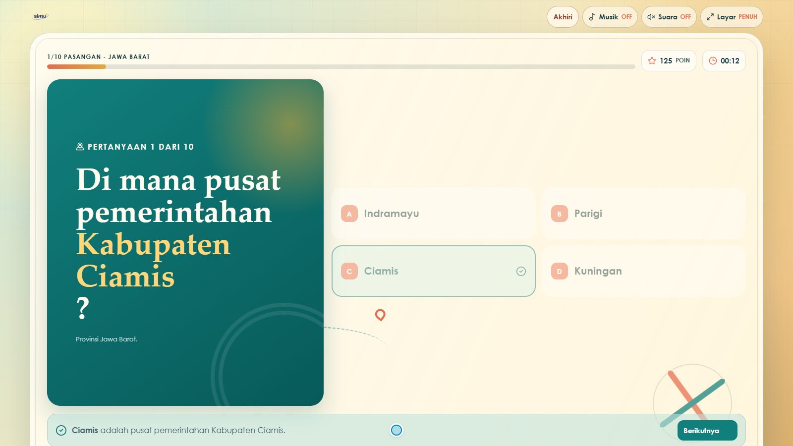 Mode Quick Quiz menampilkan satu pertanyaan, pilihan jawaban, dan penjelasan