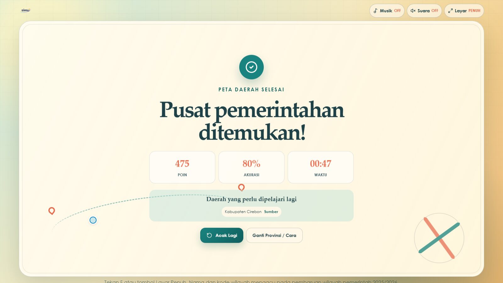 Layar hasil menampilkan poin, akurasi, waktu, dan pasangan yang perlu dipelajari lagi