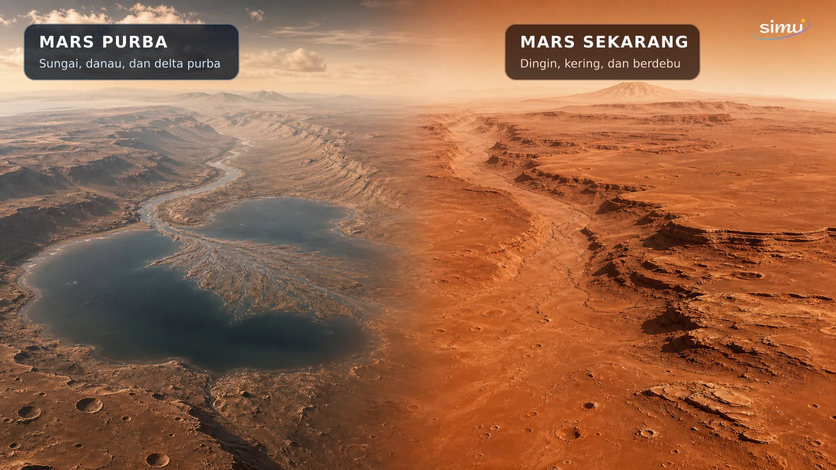 Ilustrasi konseptual perbandingan Mars purba yang memiliki sungai dan danau dengan Mars modern yang dingin dan kering.