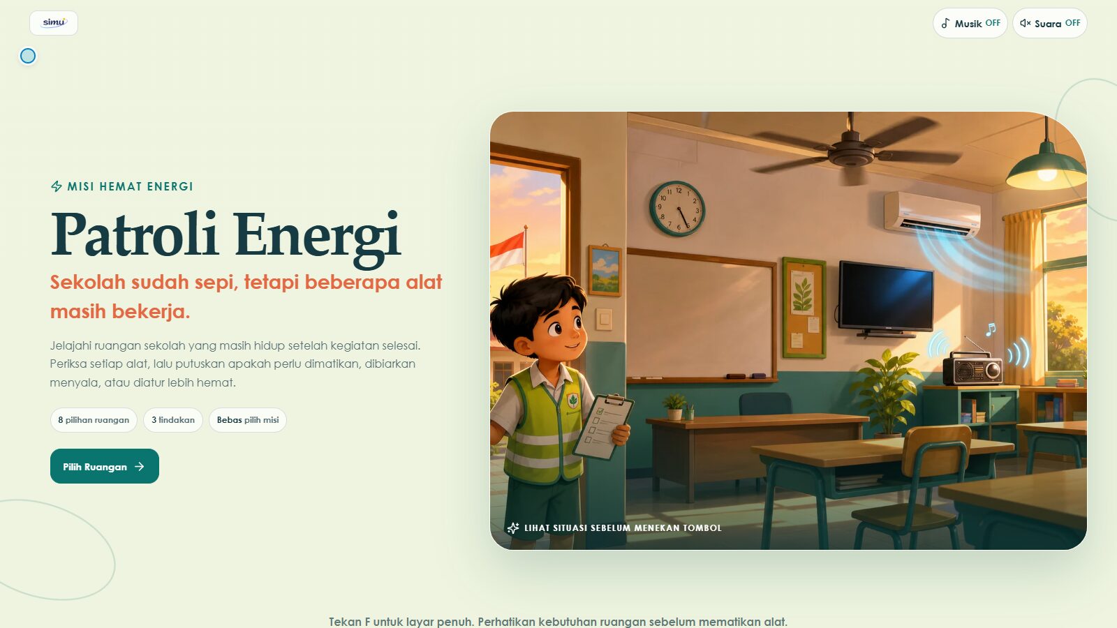 Halaman awal Patroli Energi dengan tombol Pilih Ruangan