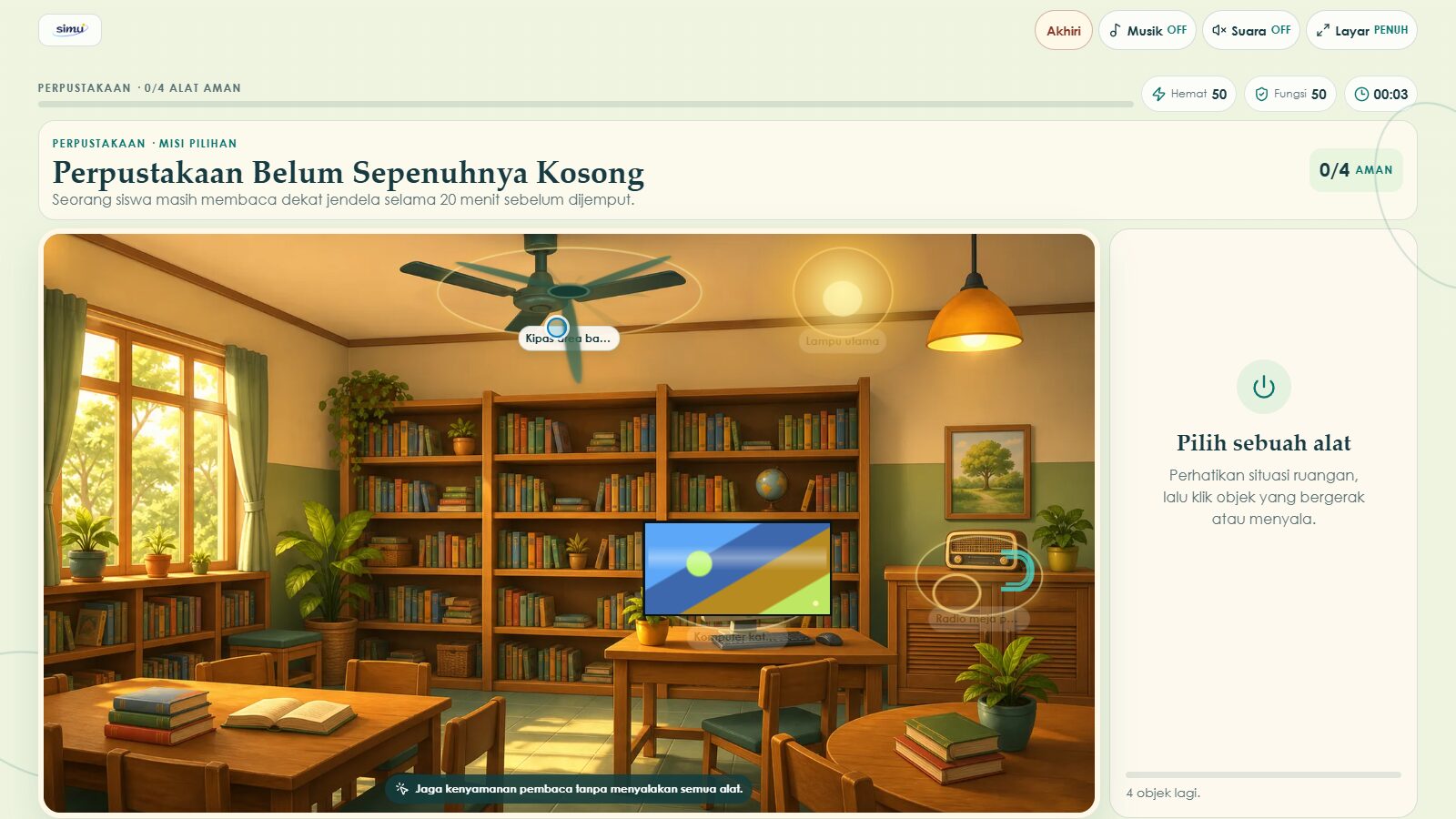 Misi perpustakaan dengan objek yang dapat diperiksa dan panel keputusan