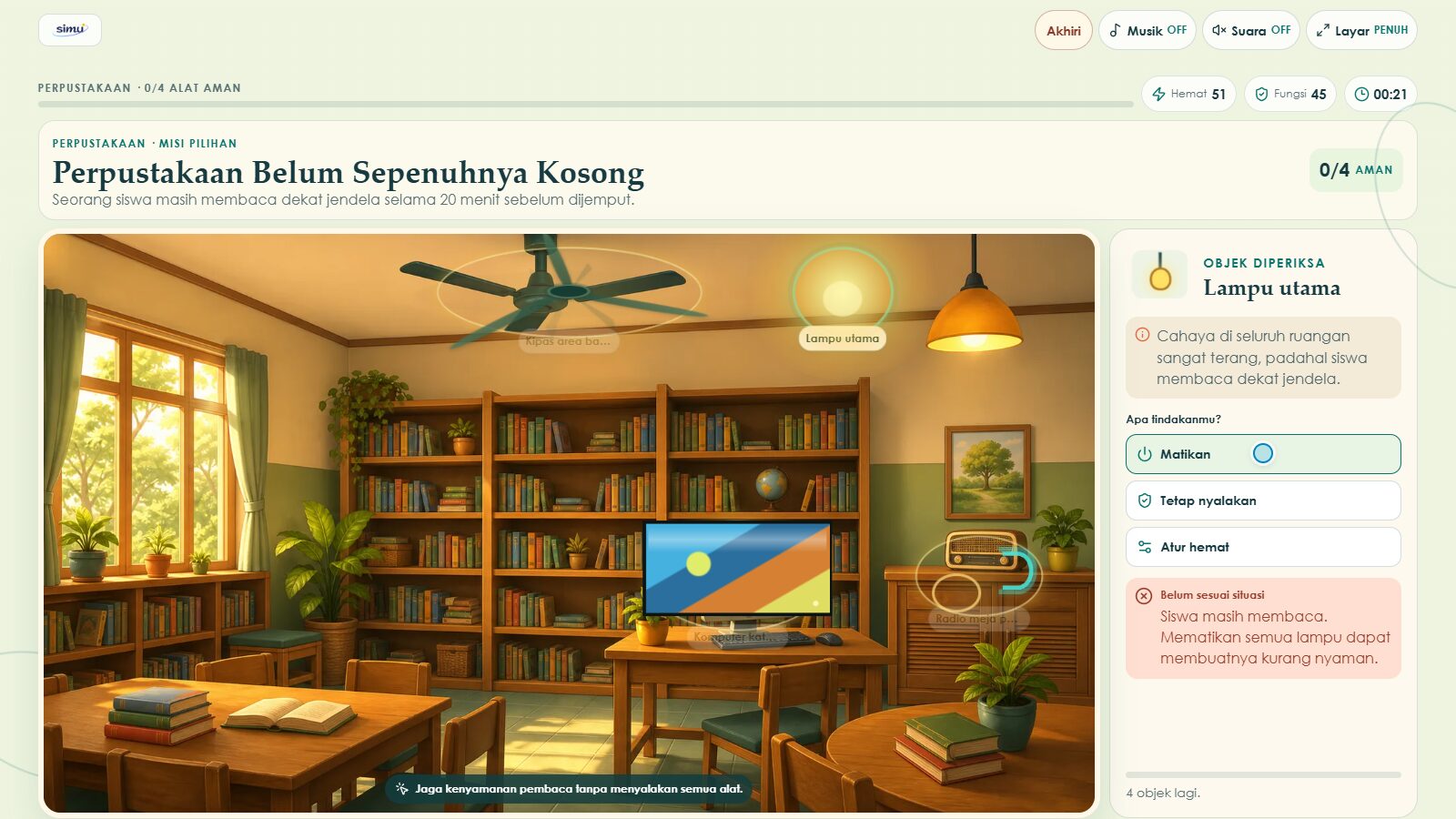 Umpan balik ketika lampu utama perpustakaan langsung dimatikan