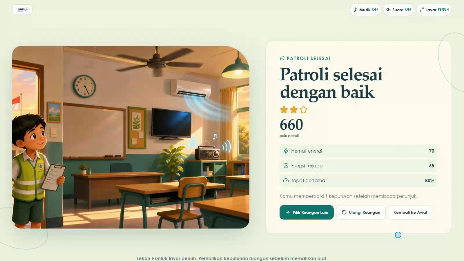 Layar hasil misi Patroli Energi