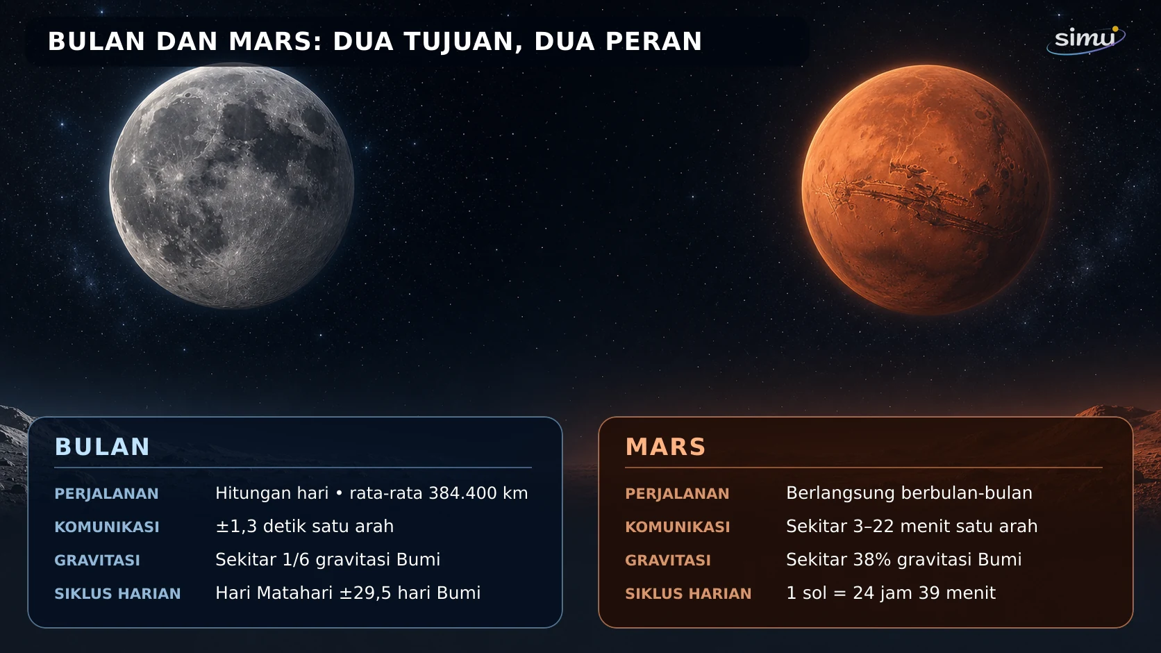 Infografik perbandingan perjalanan, komunikasi, gravitasi, dan siklus harian di Bulan dan Mars.