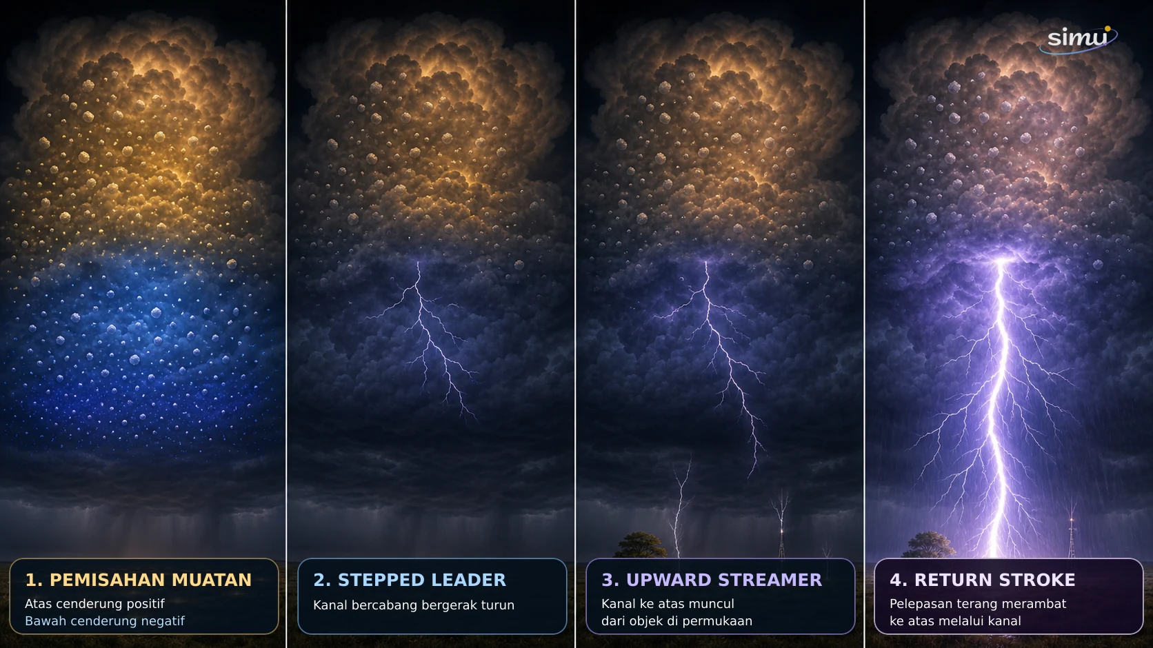 Diagram empat tahap sambaran petir awan-ke-tanah: pemisahan muatan, stepped leader, upward streamer, dan return stroke.