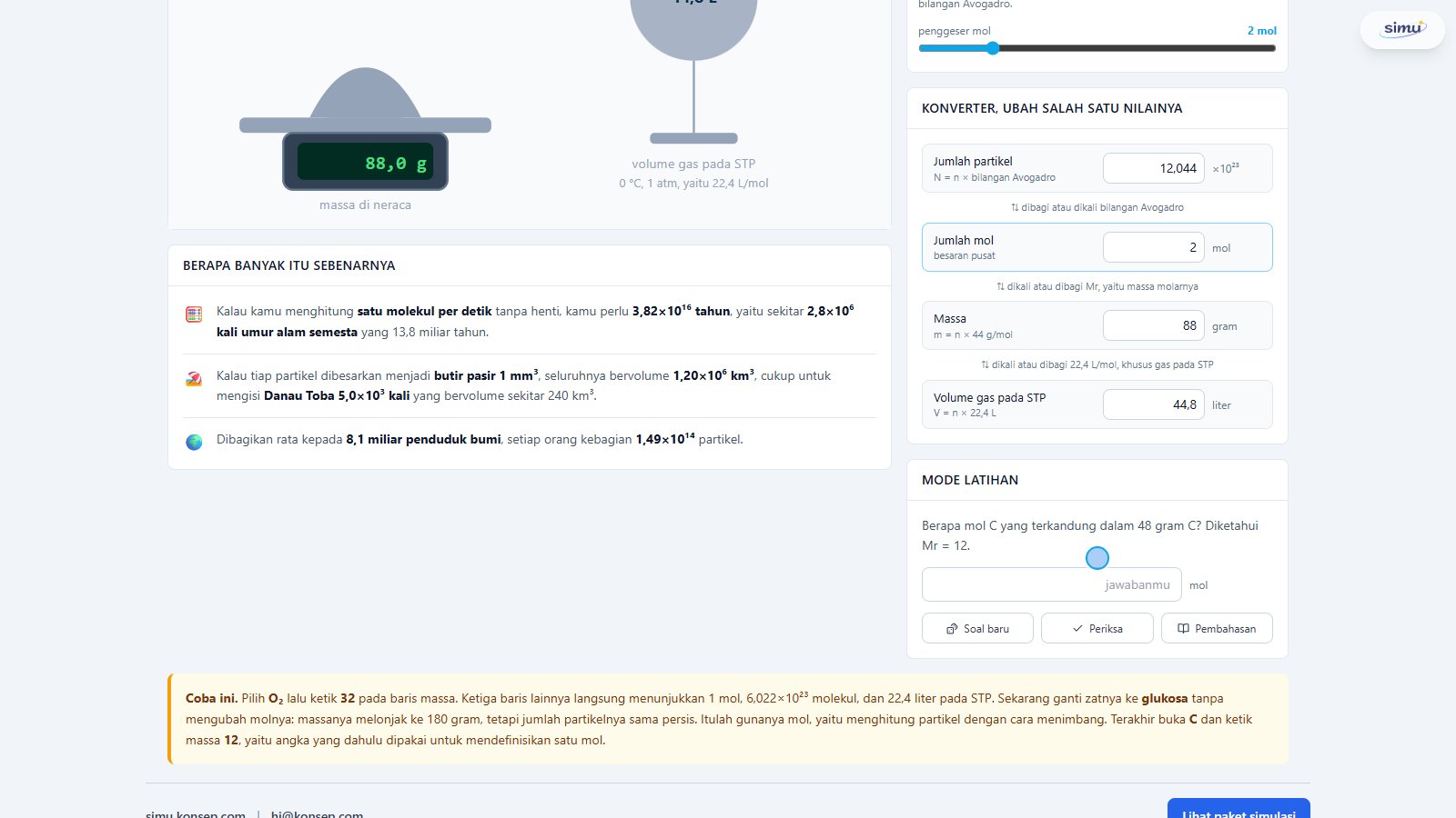 Panel analogi skala bilangan Avogadro dan fitur mode latihan kuis