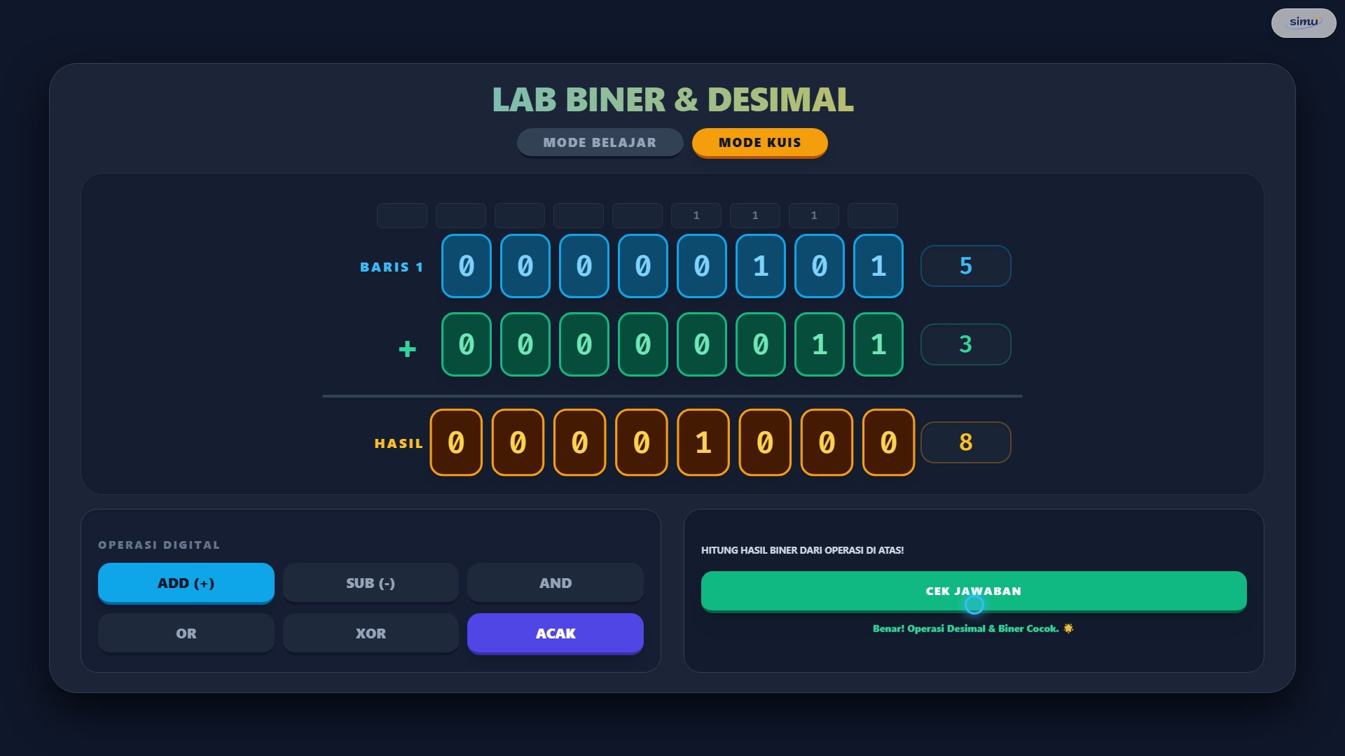 Tampilan antarmuka simulasi Laboratorium Biner dan Desimal memperlihatkan register 8-bit, baris simpanan carry, kalkulasi penjumlahan desimal 256 dengan overflow bit ke-9, dan panel logika bitwise.