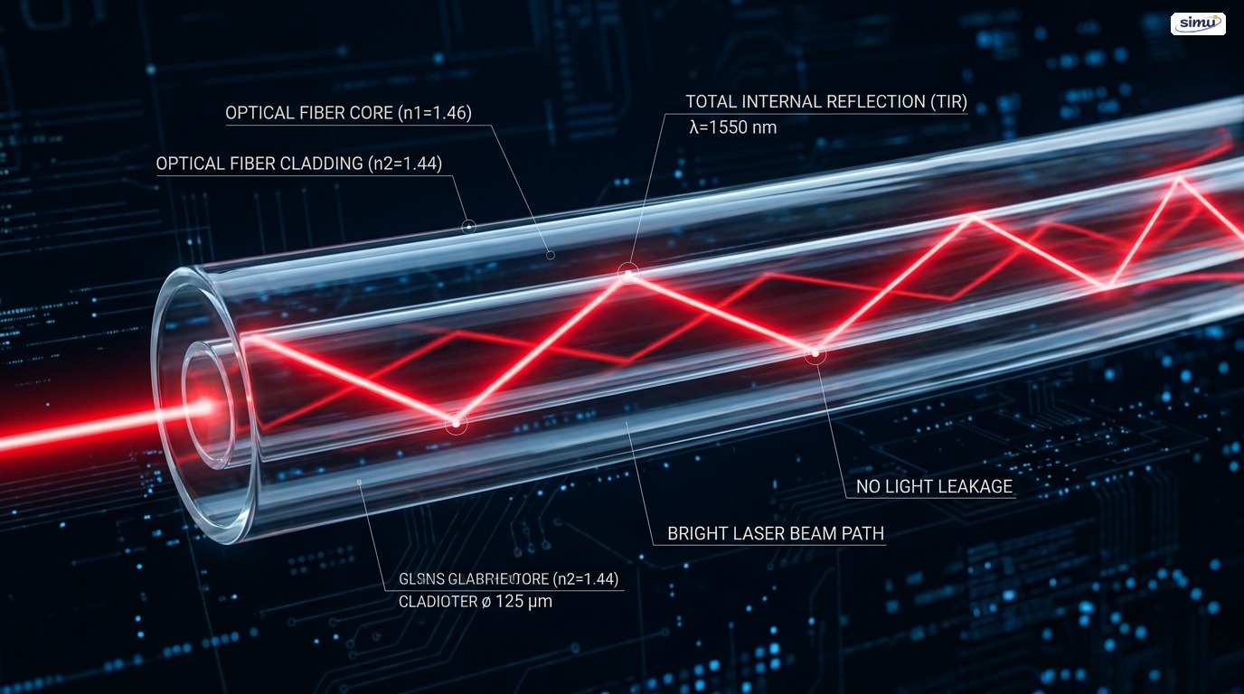 Transmisi berkas laser di dalam kabel serat optik melalui pemantulan internal total (Ilustrasi: AI generated)