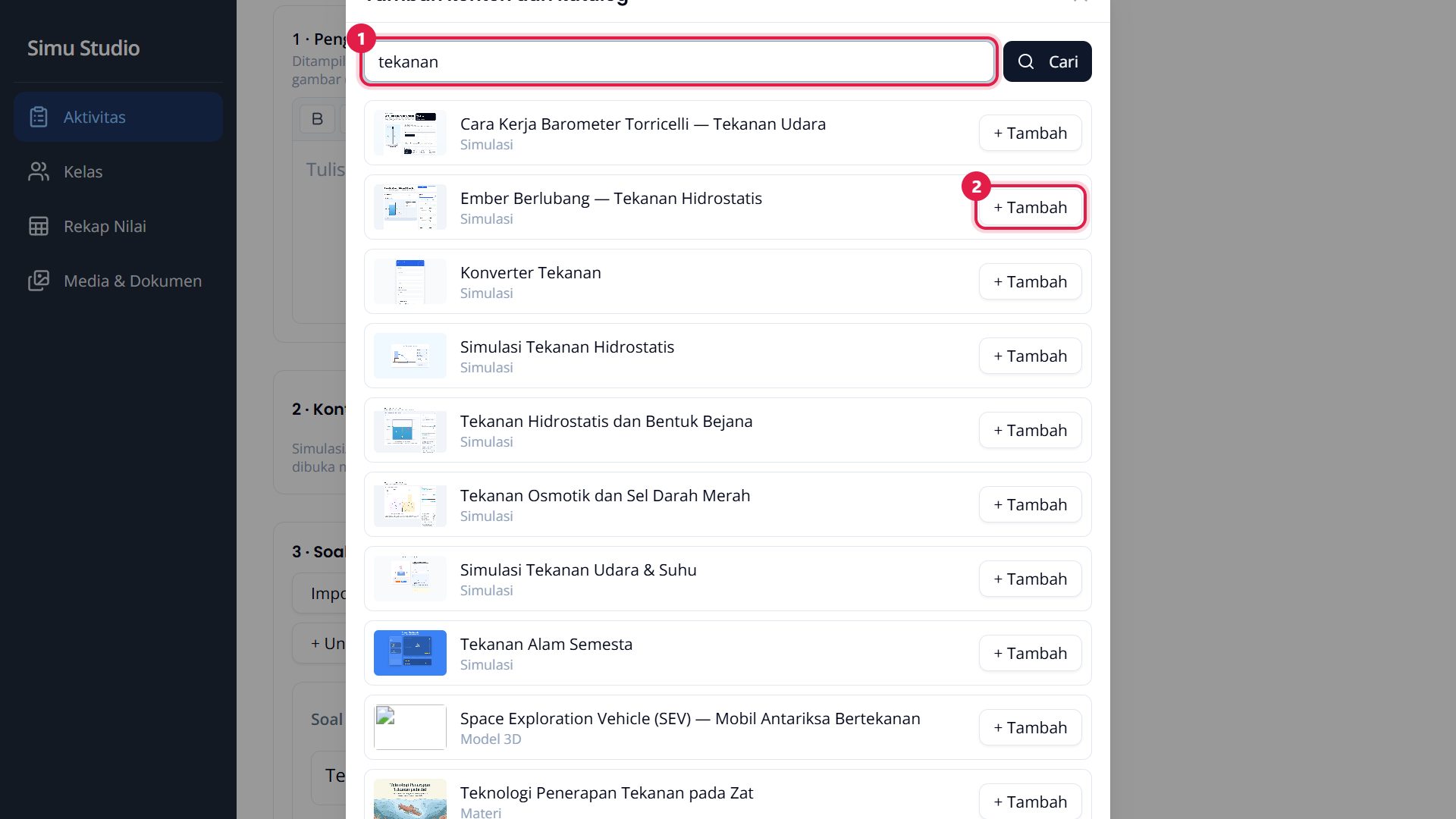 Tambah konten dari katalog: kotak cari dan tombol Tambah