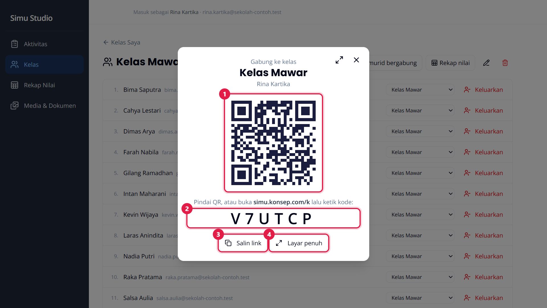 Jendela Gabung ke kelas: QRCode, kode kelas, Salin link, Layar penuh
