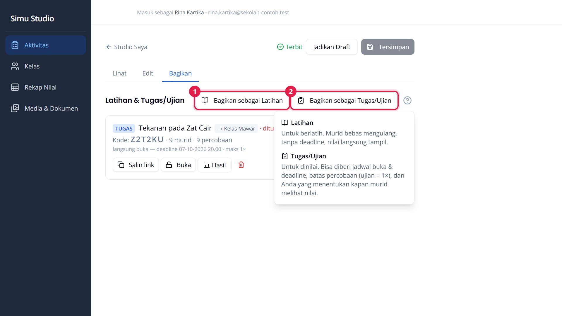 Tab Bagikan: Latihan atau Tugas/Ujian, dengan penjelasan