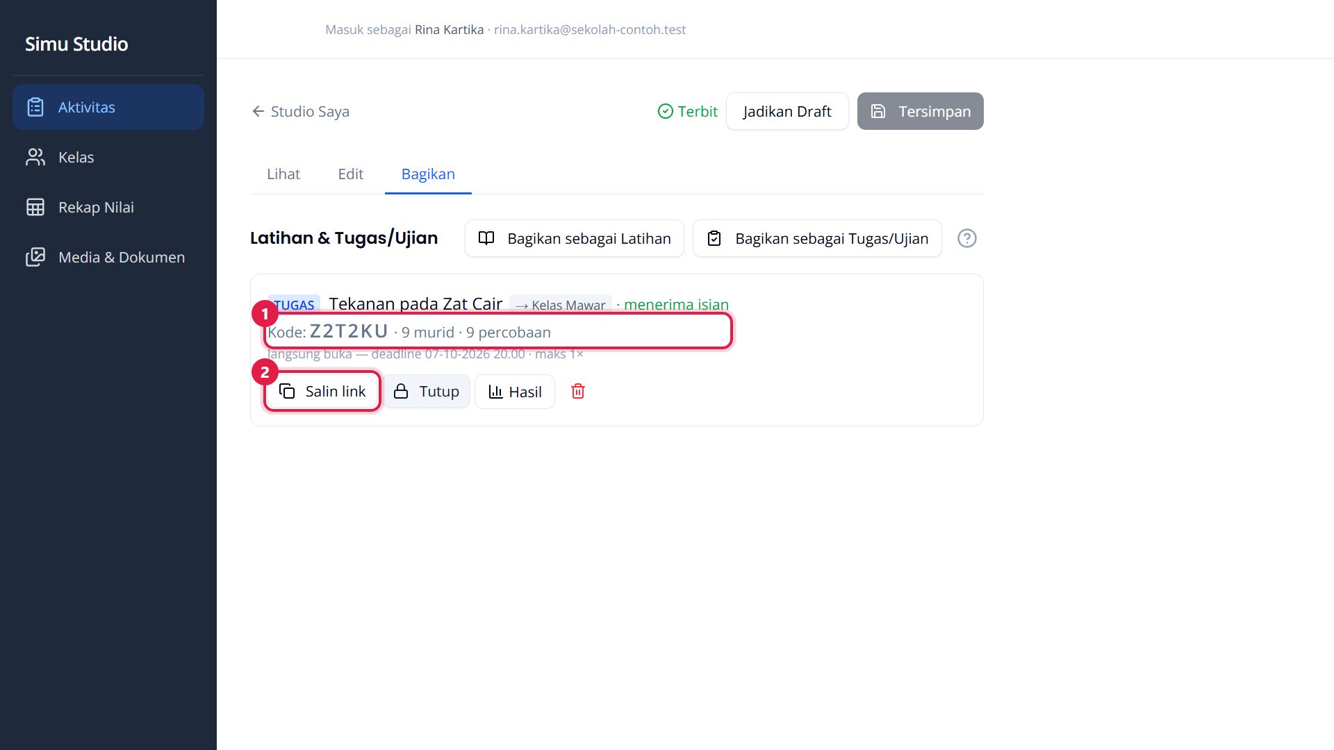 Kartu tugas dengan kode dan Salin link