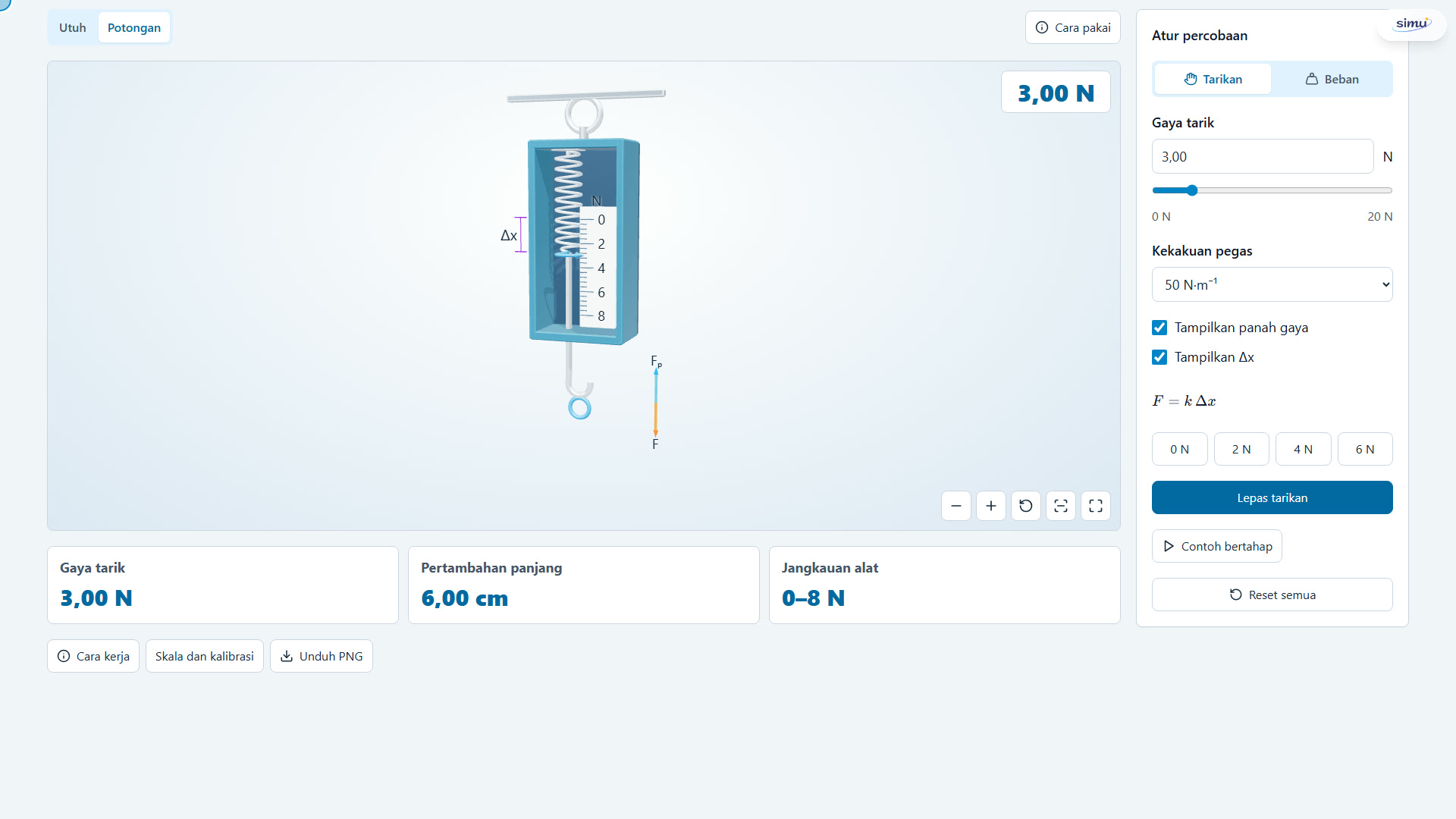 Tampilan antarmuka laboratorium Dinamometer Pegas Tiga Dimensi yang menyajikan model 3D terakselerasi WebGL dengan kontrol rotasi dan tombol kamera bebas paralaks.