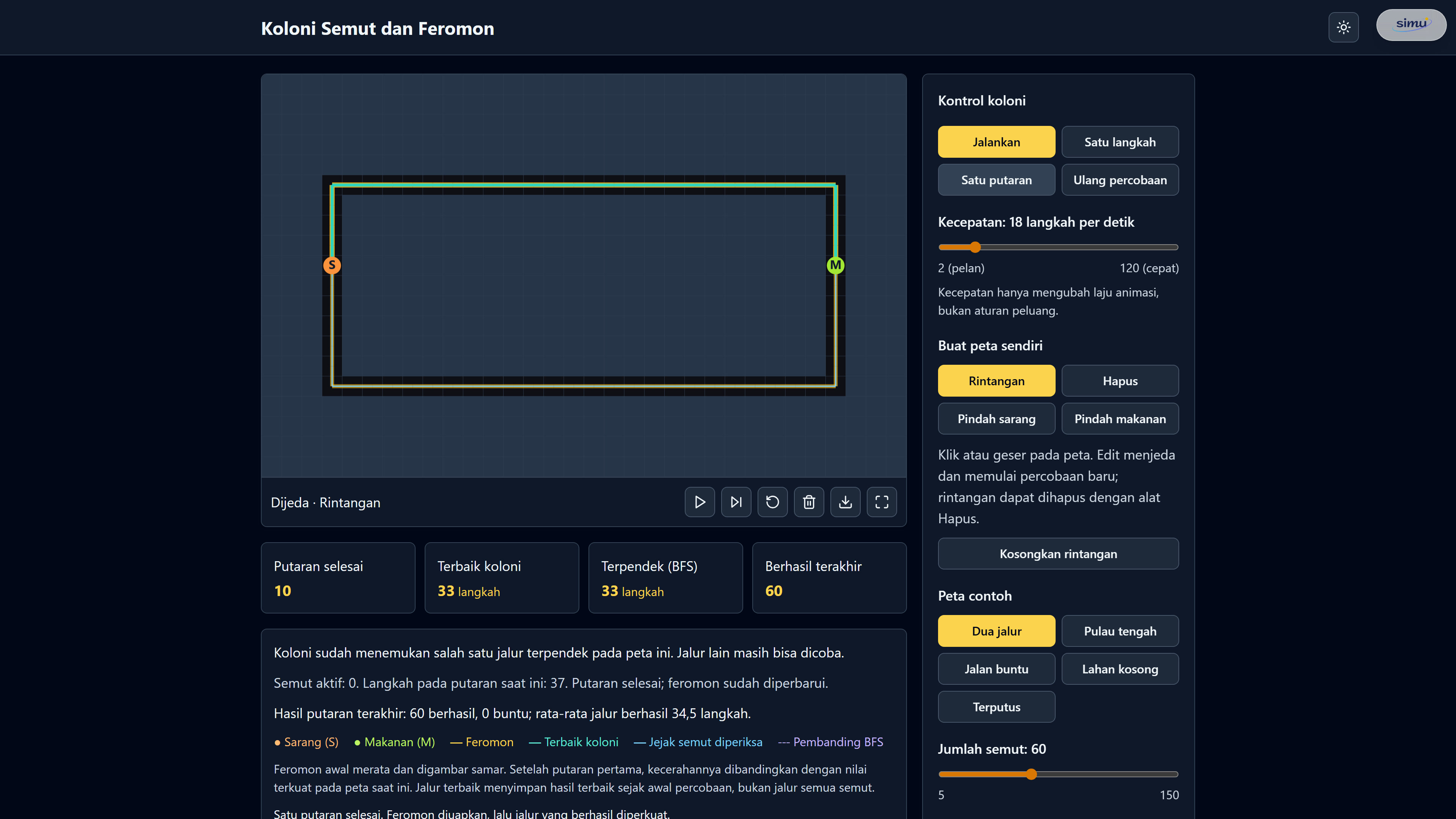 Visualisasi balapan dua jalur pada koloni semut: jalur atas (33 langkah) berhasil mengumpulkan konsentrasi feromon emas yang lebih pekat dibanding jalur bawah (37 langkah).
