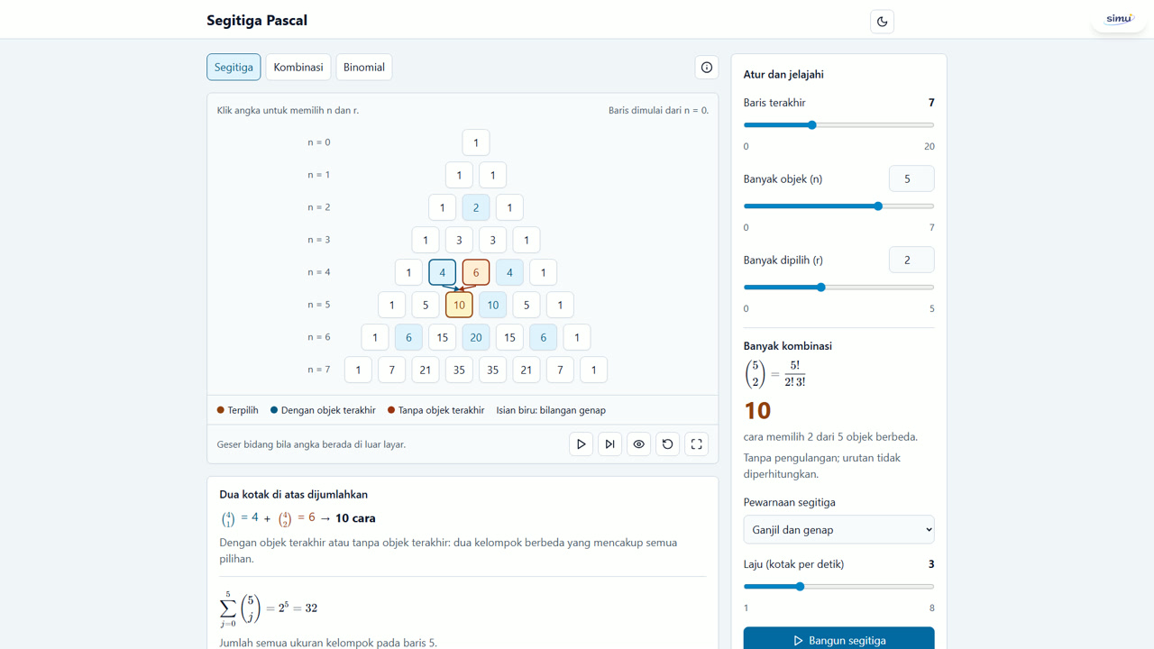 Pola fraktal Segitiga Sierpinski yang terbentuk dari pewarnaan bilangan ganjil dan genap (modulo dua) pada Segitiga Pascal.