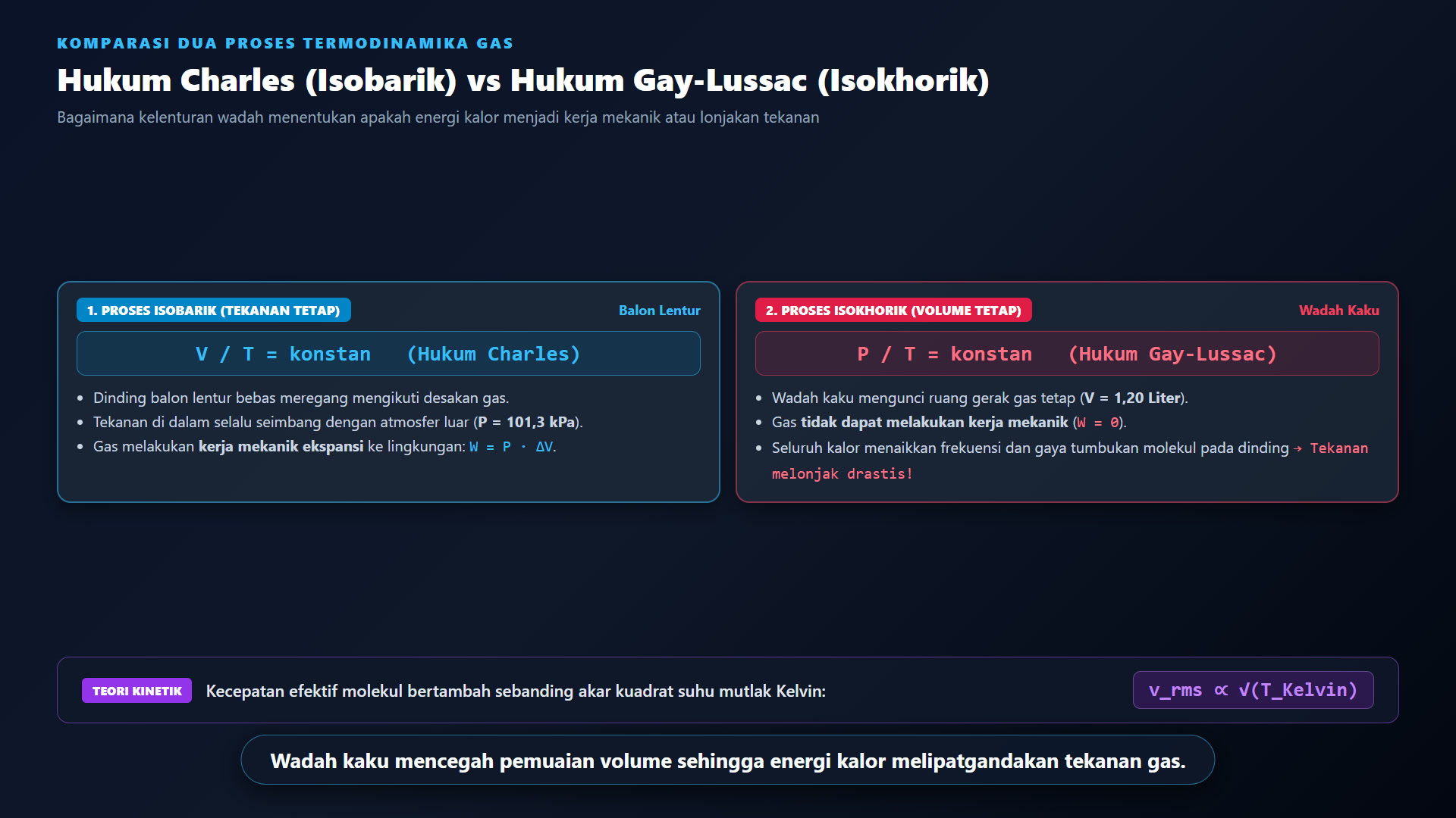 Diagram konsep komparasi proses isobarik dan isokhorik pada pemuaian udara serta kecepatan molekul gas.