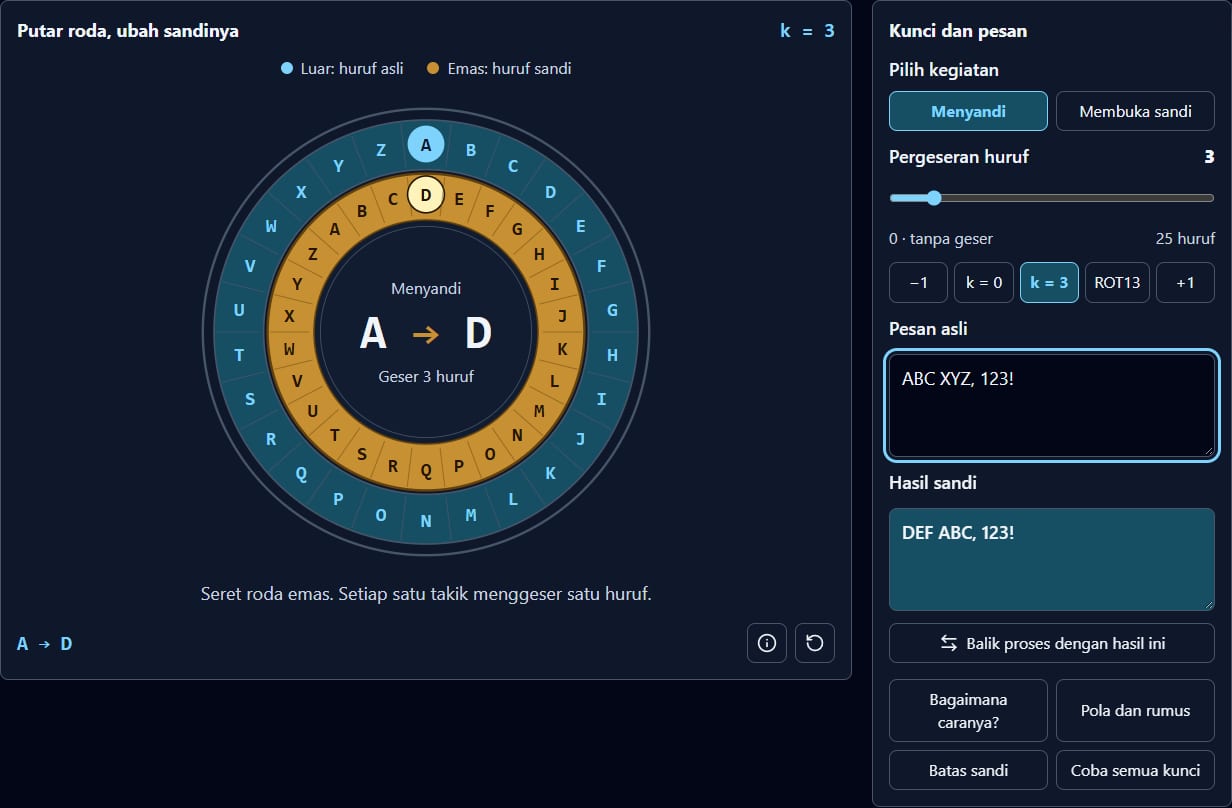Pesan ABC XYZ, 123! pada kunci 3 menghasilkan DEF ABC, 123!