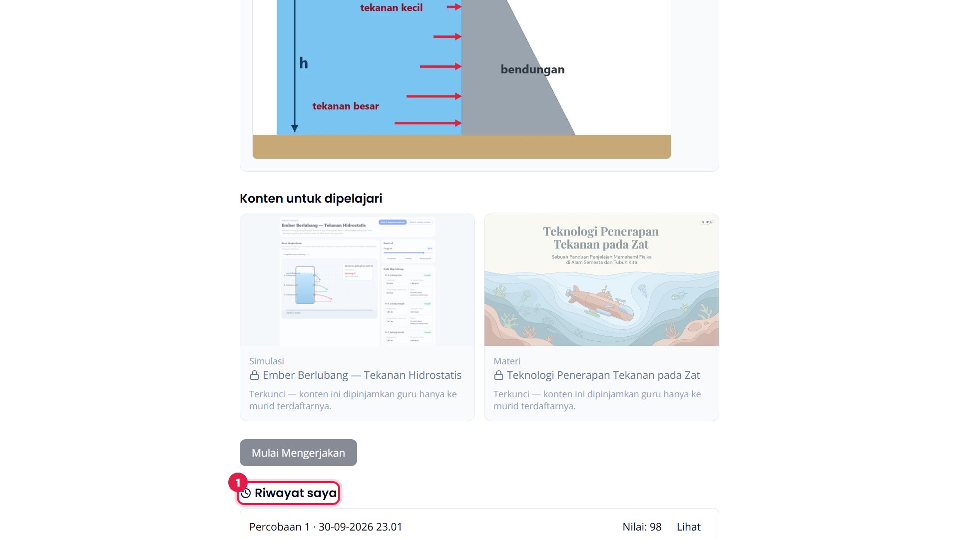 Riwayat saya dengan nilai dan tombol Lihat