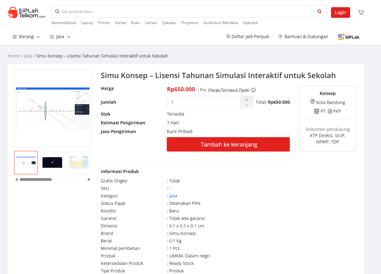 Screenshot Produk Simu Konsep di SIPLah Telkom