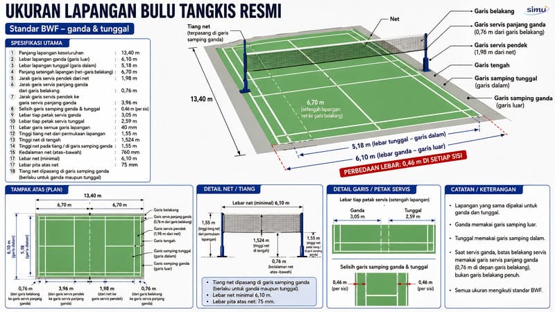 Ukuran Lapangan Bulu Tangkis (Standar BWF — Ganda & Tunggal)