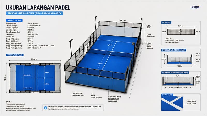 Ukuran Lapangan Padel (Standar FIP)