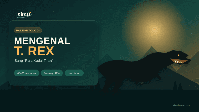 Ilustrasi Tyrannosaurus rex dengan informasi hidup 68 hingga 66 juta tahun lalu dan panjang sekitar 12 meter