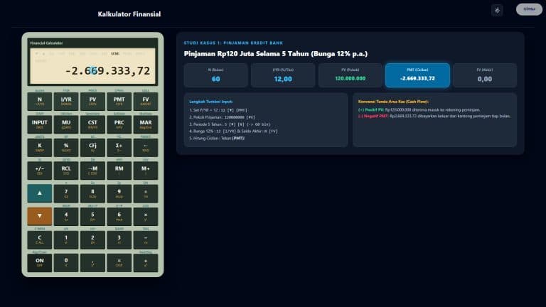 Tampilan antarmuka simulasi Kalkulator Finansial dalam mode gelap memperlihatkan layar LCD, 5 tombol TVM, perhitungan cicilan kredit Rp120 juta, dan tabel amortisasi.