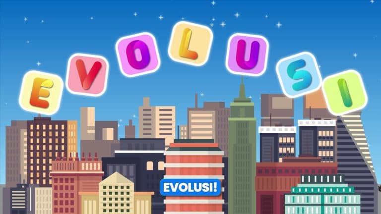 Tulisan Evolusi berwarna-warni pada cuplikan video musik Evolusi Seru