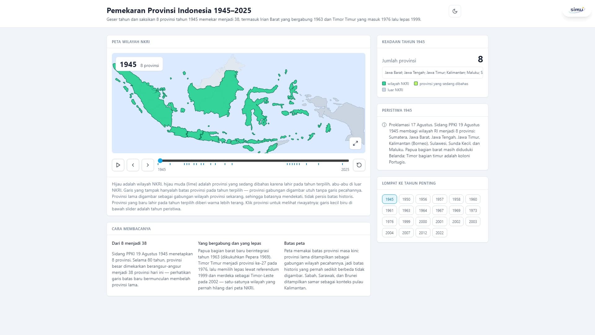 Peta interaktif pemekaran provinsi Indonesia 1945–2025
