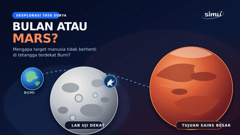 Ilustrasi perbandingan Bumi, Bulan sebagai laboratorium uji, dan Mars sebagai tujuan eksplorasi ilmiah