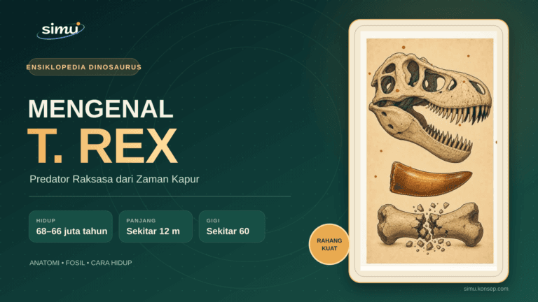 Ilustrasi Tyrannosaurus rex dengan informasi hidup 68 hingga 66 juta tahun lalu dan panjang sekitar 12 meter