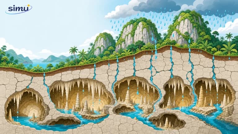 Ilustrasi penampang kawasan karst yang menunjukkan air hujan meresap melalui retakan batu kapur, membentuk lorong gua, sungai bawah tanah, stalaktit, dan stalagmit.