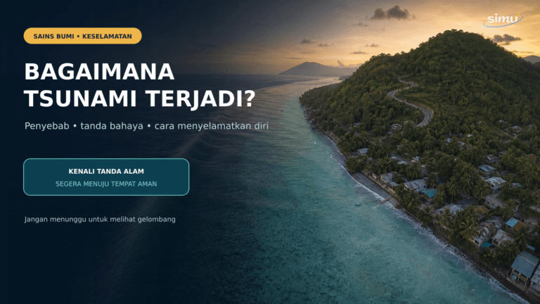 Ilustrasi gelombang panjang menuju pesisir dengan bukit sebagai tujuan evakuasi tsunami.