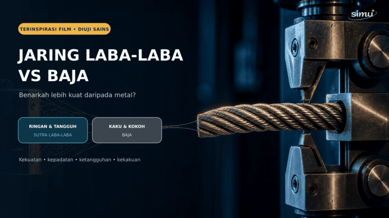 Ilustrasi sains jaring laba-laba dibandingkan kabel baja dalam mesin uji material.