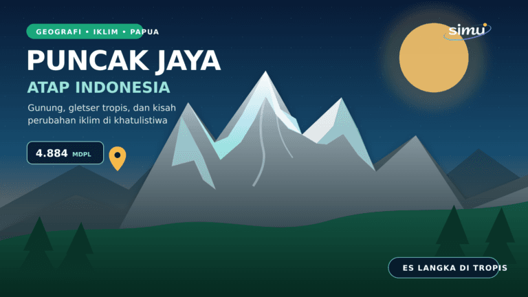 Ilustrasi Puncak Jaya setinggi 4.884 meter dengan pegunungan, sisa es tropis, dan hutan Papua