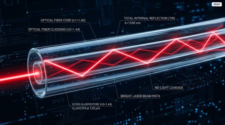 Transmisi berkas laser di dalam kabel serat optik melalui pemantulan internal total (Ilustrasi: AI generated)