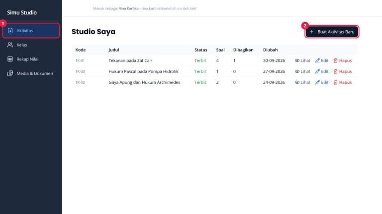 Studio Saya: menu Aktivitas dan tombol Buat Aktivitas Baru